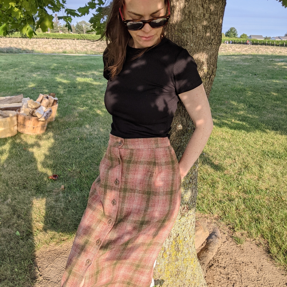 Vintage Plaid Button-Down Wool Midi Skirt US 4 SM